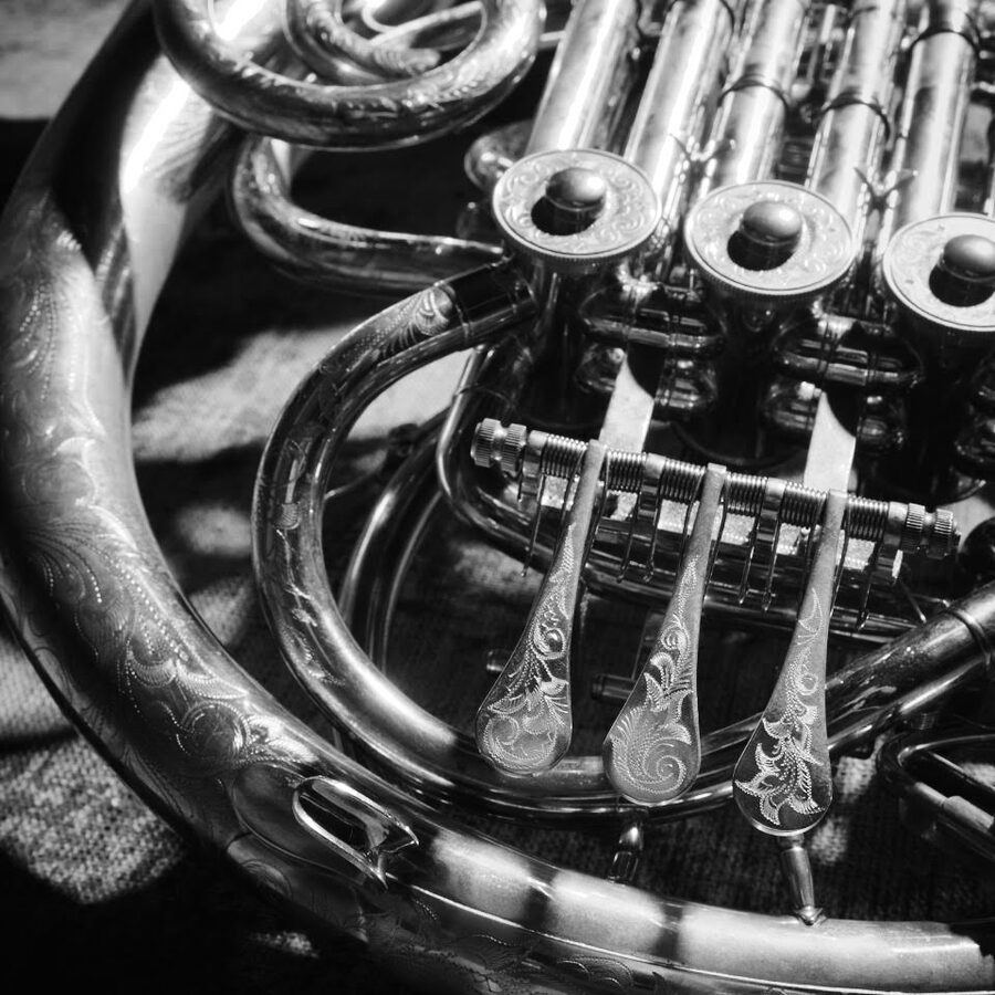 Close view of the custom horn's engraved valve levers and tubing
